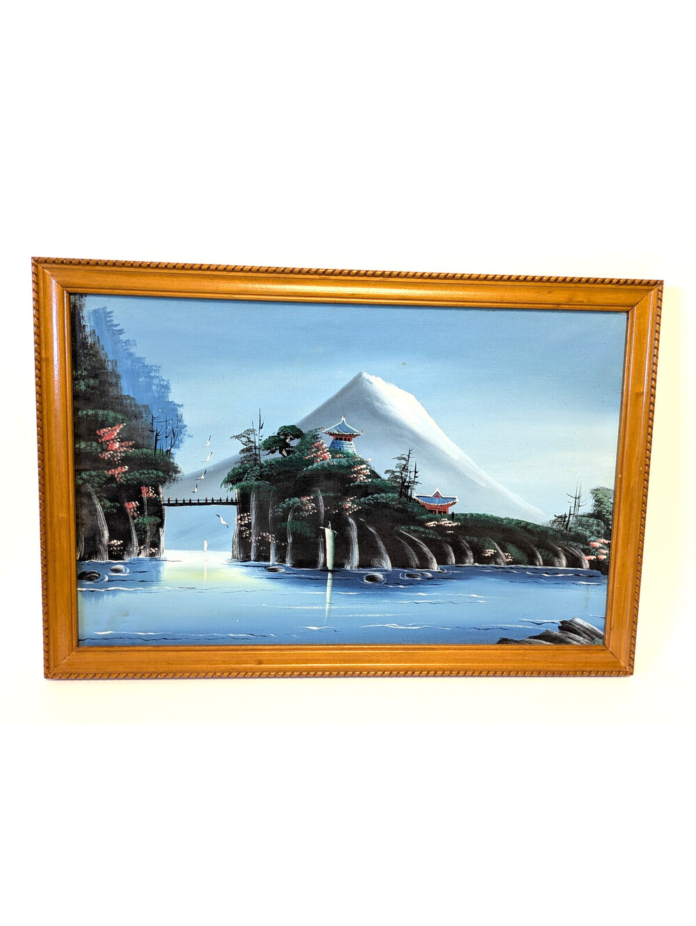 Vintage Japanese Landscape Painting Mount Fuji Pagoda Trees Water Birds 1950s